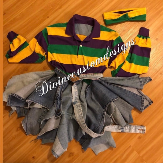 Mardi Gras Stripes Denim Top/Headband